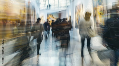 Blurred glimpses of people intently inspecting artwork before making a bid.