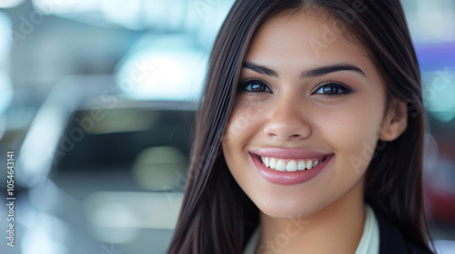 A confident woman stands in a bustling auto dealership, showcasing her expertise and charm in a vibrant setting.