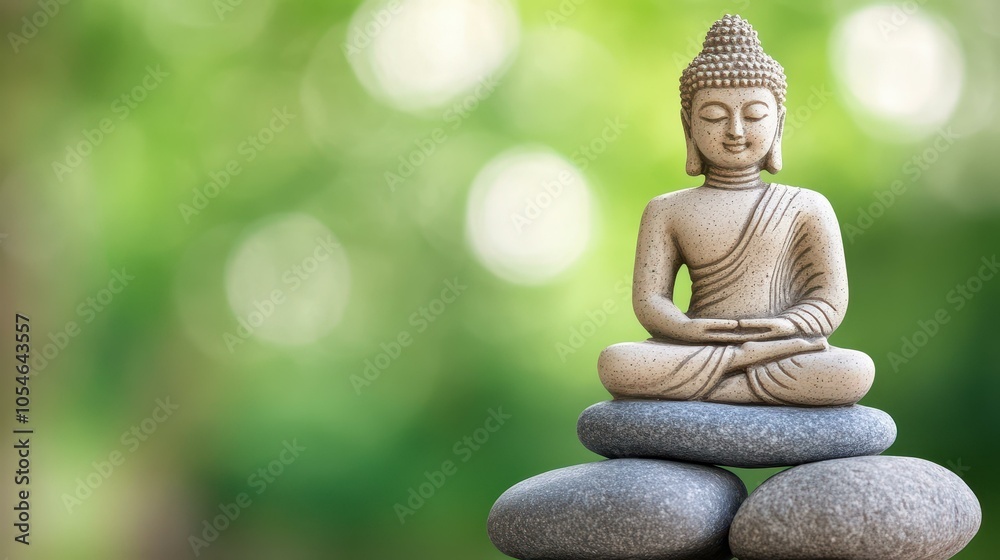 A serene Buddha statue rests atop a rocky pedestal, surrounded by a soft, blurred backdrop for a tranquil vibe. A serene Buddha statue rests atop a rocky pedestal, surrounded by a soft, blurred backdrop for a tranquil vibe.