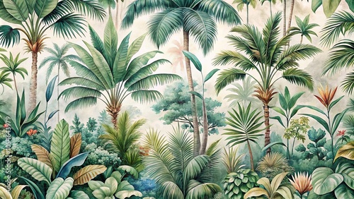 Watercolor jungle landscape painting in retro style