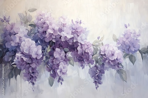 Watercolor painting of purple flowers with green leaves on a light background.