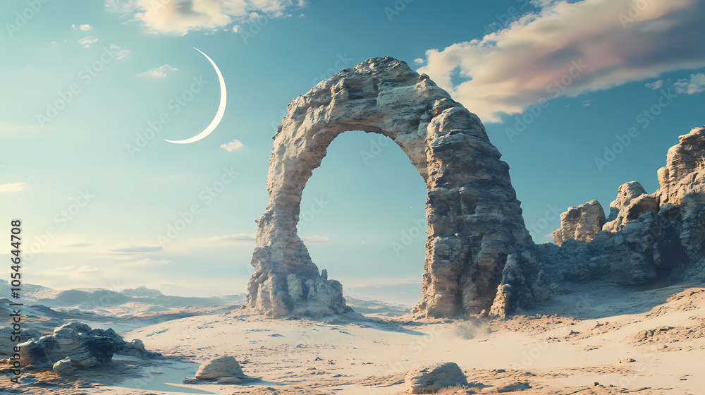Fototapeta premium An ancient stone archway in a desolate, rocky landscape with a crescent moon in the sky. Rocky Archway. Illustration