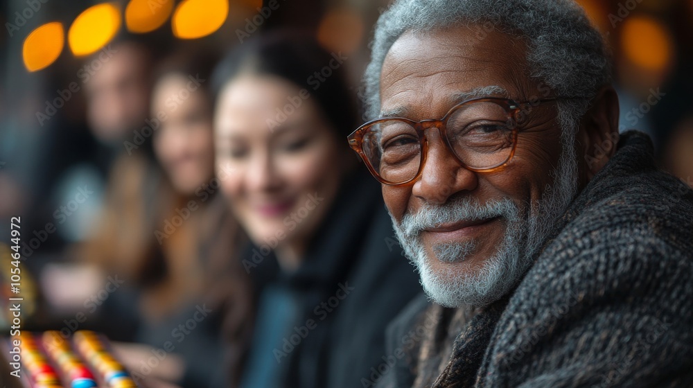 Diverse group of friends enjoying an evening gathering at a cozy cafe with warm lighting Diverse group of friends enjoying an evening gathering at a cozy cafe with warm lighting