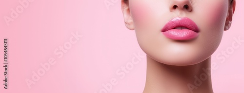 Fashionable pink lips on smooth skin with soft background for beauty and cosmetic design projects