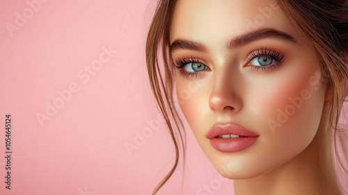 Beauty portrait of young woman with flawless skin and striking blue eyes against a soft pink background for advertising, fashion, and beauty design