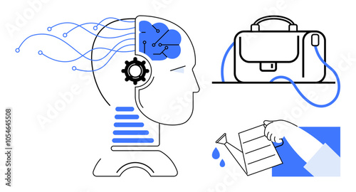 Human head with gears and network and connected briefcase, hand watering small can. Ideal for business growth, innovative thinking, technology development, personal development, artificial