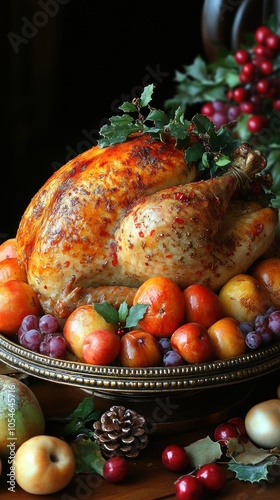 Roasted Turkey with Garnishes for a Holiday Feast