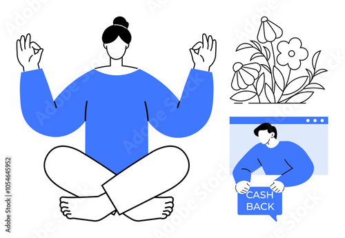 A minimalist style image of a person meditating, a cash back box held by a person on computer screen, and a floral element. Ideal for mindfulness, wellness, personal finance, online shopping