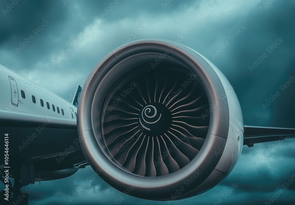 Close-up of a jet engine with dramatic clouds in the background. Close-up of a jet engine with dramatic clouds in the background.