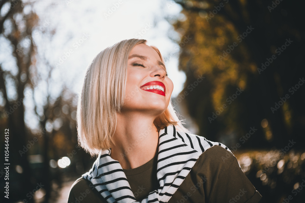 Photo of positive young blonde girl cheerful smile wear khaki outfit tied shoulders sweater walk park sunny spring weather outside Photo of positive young blonde girl cheerful smile wear khaki outfit tied shoulders sweater walk park sunny spring weather outside