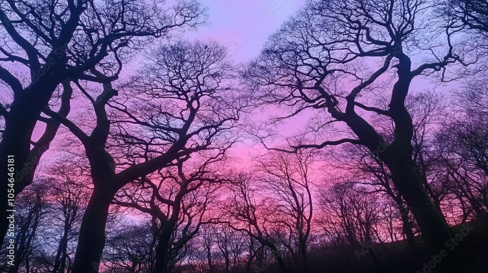 Twilight Silhouette of Trees Against Pink Sky Twilight Silhouette of Trees Against Pink Sky