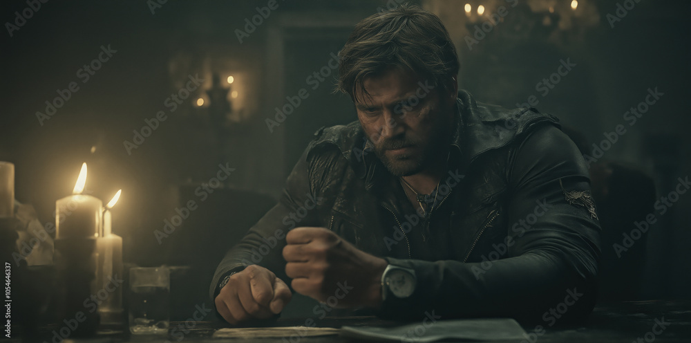 Intense brooding man in dimly lit room with candlelight ambiance Intense brooding man in dimly lit room with candlelight ambiance