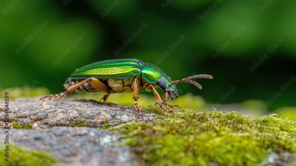 Vibrant green beetle crawling on mossy surface in natural habitat Vibrant green beetle crawling on mossy surface in natural habitat