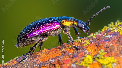 Colorful beetle on lichen-covered branch showcasing nature’s vibrant beauty