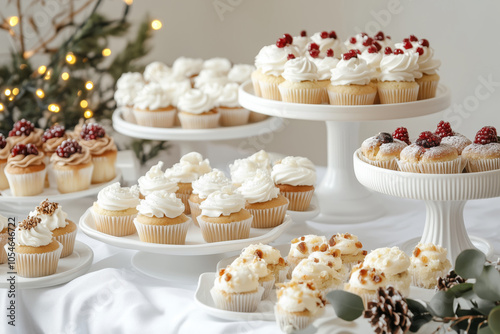 Fototapeta Naklejka Na Ścianę i Meble -  A various desserts on a festively decorated table for Christmas dinner