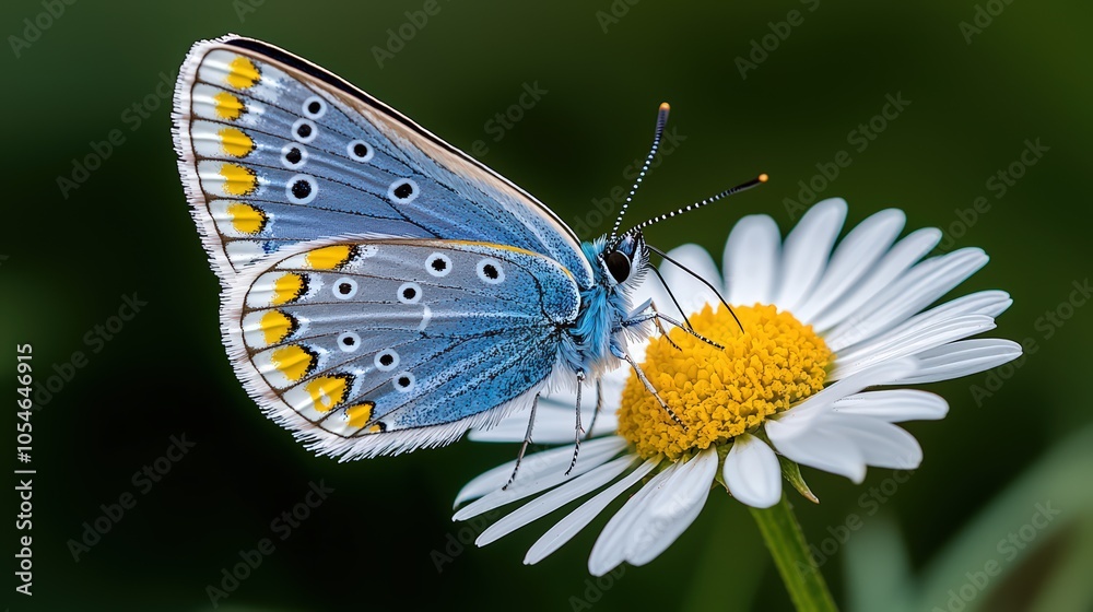 Blue butterfly on white daisy in nature close-up macro photography Blue butterfly on white daisy in nature close-up macro photography