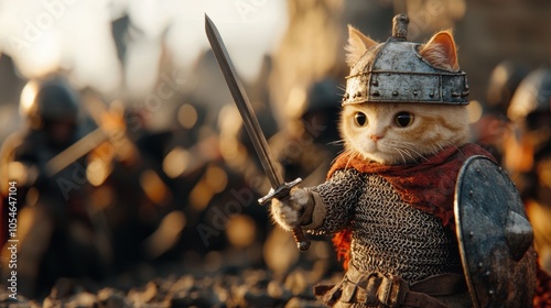 Heroic cat in armor with sword in epic battle scene photo