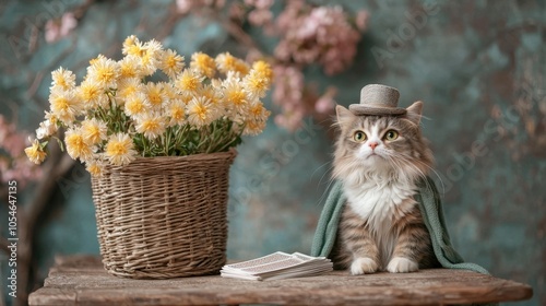 Charming cat in top hat with flowers and playing cards on rustic table