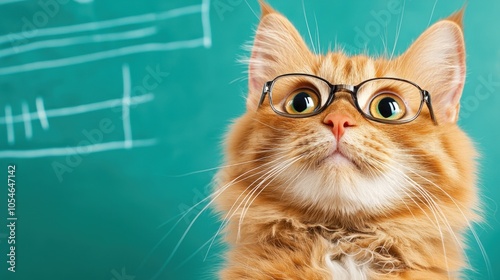 Adorable ginger cat wearing glasses in front of chalkboard