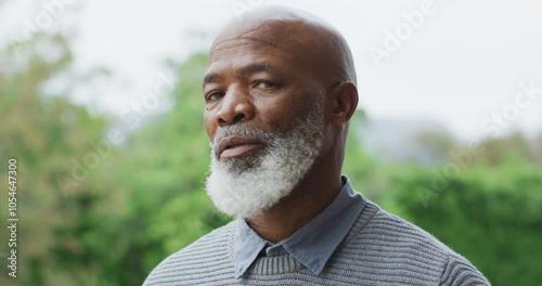 A senior African American man looking directly at camera outdoors photo