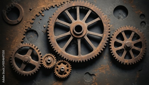 Weathered and rusted machine gears with dusty textures, fine cracks, and a moody, faded metallic background for a haunting, abandoned effect photo