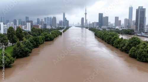 Urban river after heavy rainfall with skyline in background photo