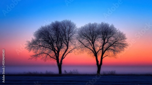 Serene Sunset with Silhouetted Trees at Dusk