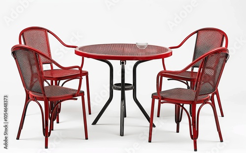 Red metal outdoor table and chairs isolated on white background