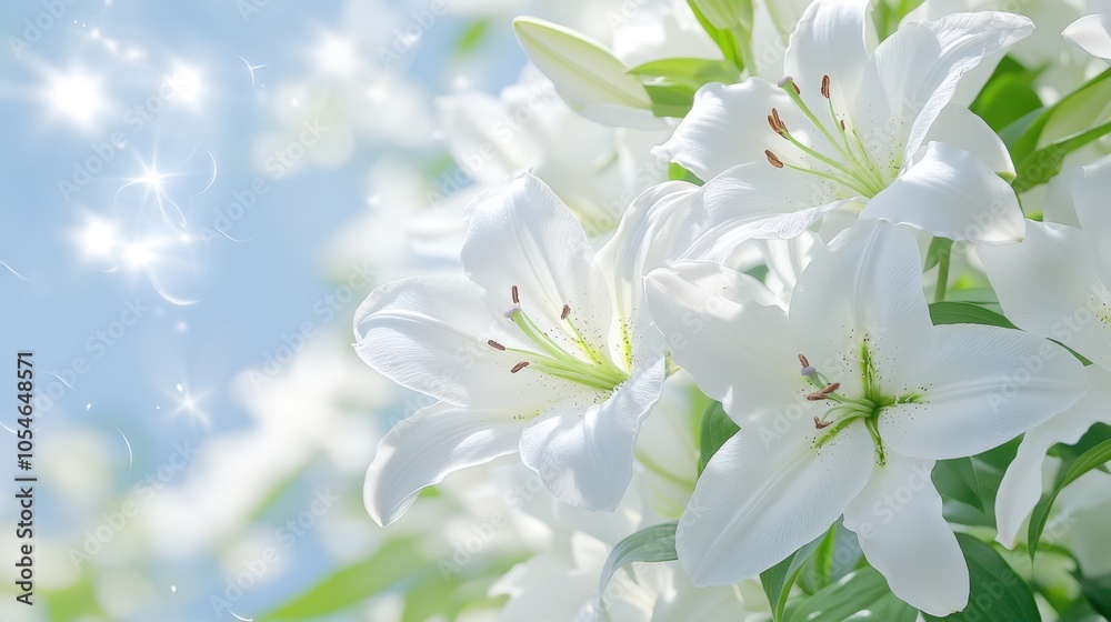 Elegant white lilies in bloom against a soft blue sky background Elegant white lilies in bloom against a soft blue sky background