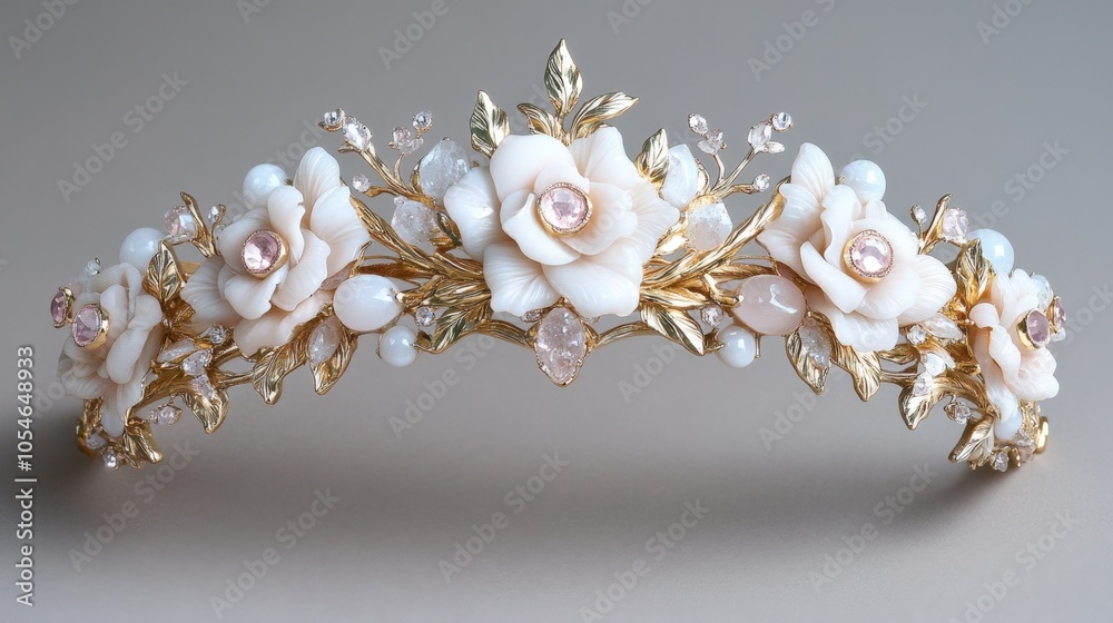 Fototapeta premium Elegant rose flower crown with gold and pearl detailing