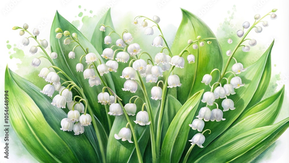 Obraz premium Watercolor lily of the valley clipart with small white bell shaped flowers