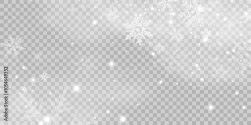 Snowflakes falling christmas decoration isolated background. White snow flying on transparent. Vector heavy snowfall, snowflakes in different shapes and forms.