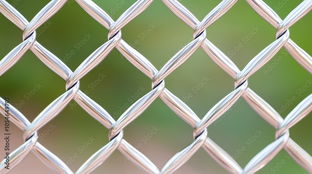 Close-up of silver chain-link fence against blurry green background Close-up of silver chain-link fence against blurry green background