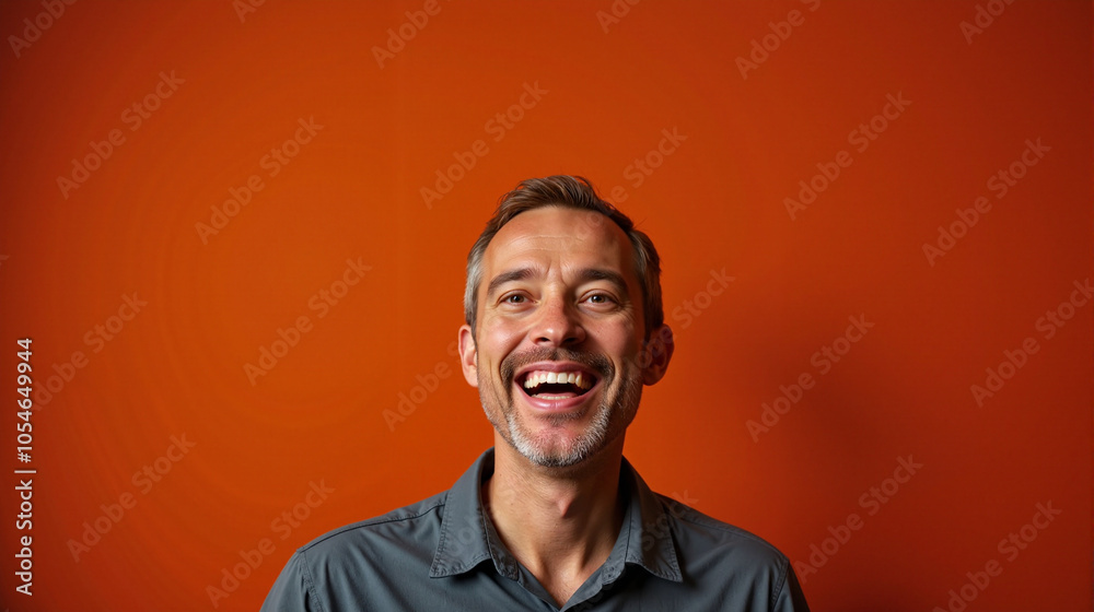 Man with expressive joy expression against bright orange background Man with expressive joy expression against bright orange background