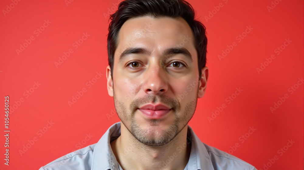 Obraz premium Man with subtle amusement expression against red background