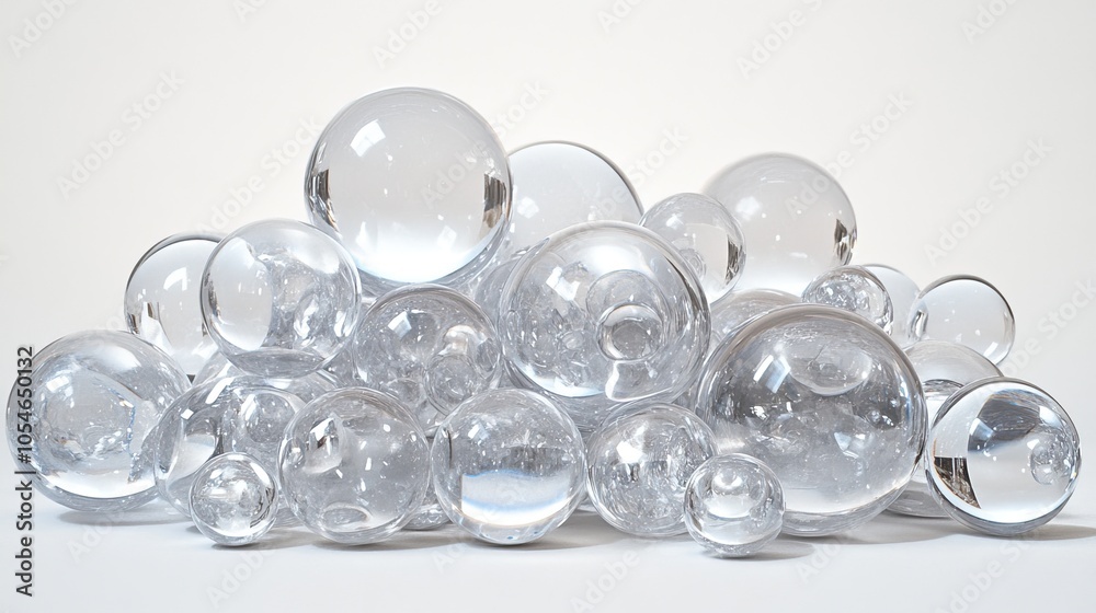 A stunning display of glass spheres in varying sizes reflects light beautifully against a clean white backdrop, creating a sense of depth A stunning display of glass spheres in varying sizes reflects light beautifully against a clean white backdrop, creating a sense of depth