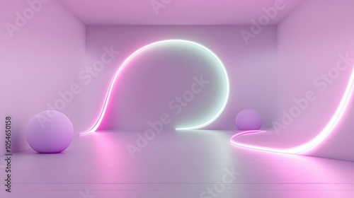 Futuristic minimalist interior with neon light curves and spheres