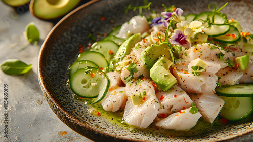 Artistic Plating of Fresh Ceviche with Avocado and Herbs photo