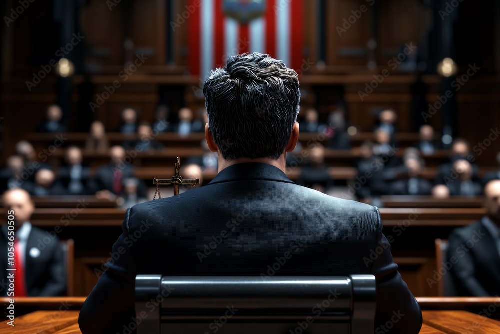 3D digital illustration of a witness on the stand in a modern courtroom, with realistic textures capturing the scene in vivid detail, symbolizing realism and structure 3D digital illustration of a witness on the stand in a modern courtroom, with realistic textures capturing the scene in vivid detail, symbolizing realism and structure