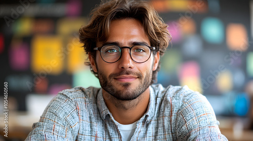 portrait of male teacher in classroom with white shades, cinematic, png