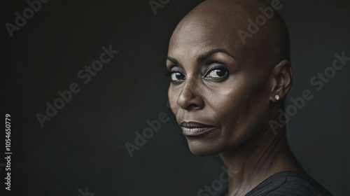 Portrait of a dark-skinned woman suffering from cancer after severe hair loss due to chemotherapy treatment