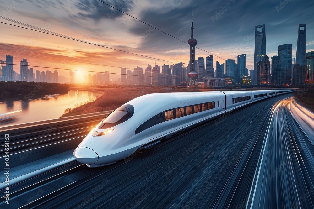 High-Speed Train in Urban Cityscape High-Speed Train in Urban Cityscape