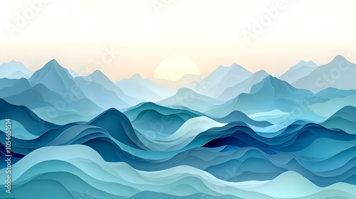 Serene abstract landscape featuring layered mountains and waves in tranquil shades of blue, capturing a peaceful sunset atmosphere.