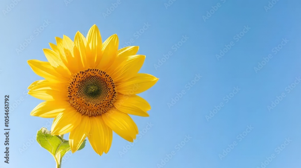 Bright sunflower bloom against clear blue sky radiating warmth and cheerfulness Bright sunflower bloom against clear blue sky radiating warmth and cheerfulness