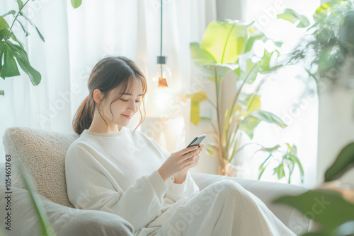 Young asian woman in cozy attire sits comfortably on a sofa, using her smartphone in a bright, plant-filled living room.