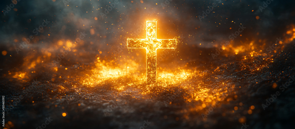A radiant golden cross illuminated in a dark space, perfect for spiritual themes, Easter, Christian events or reflective media design. A radiant golden cross illuminated in a dark space, perfect for spiritual themes, Easter, Christian events or reflective media design.