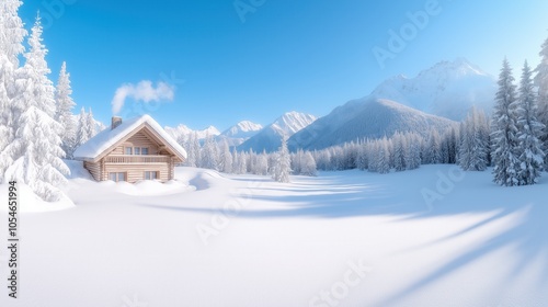 Serene winter cabin retreat in snow-covered mountain landscape