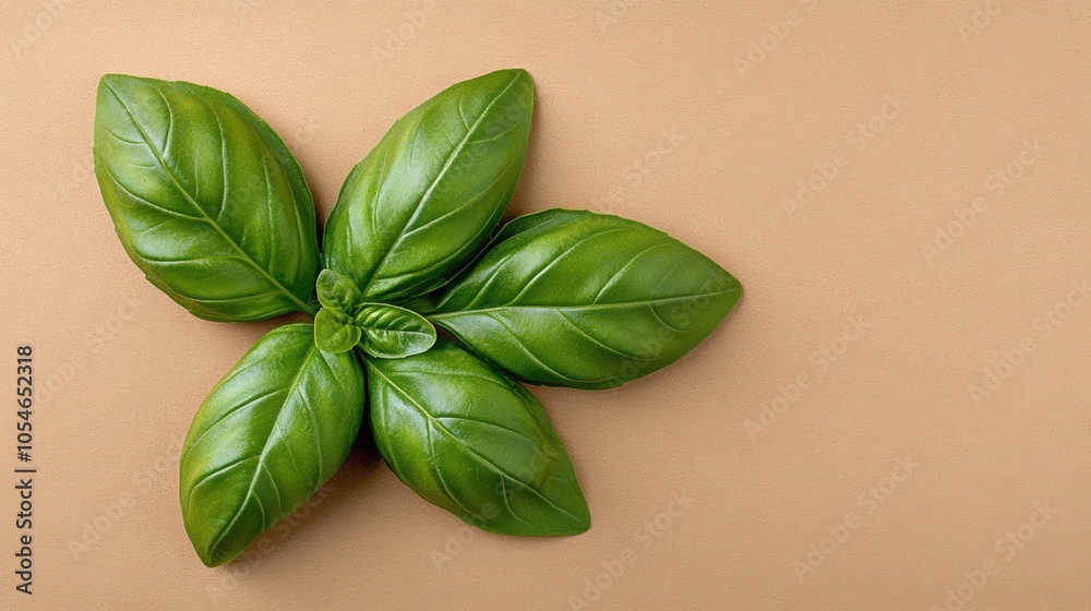 Fresh basil leaves arranged on a neutral background Fresh basil leaves arranged on a neutral background