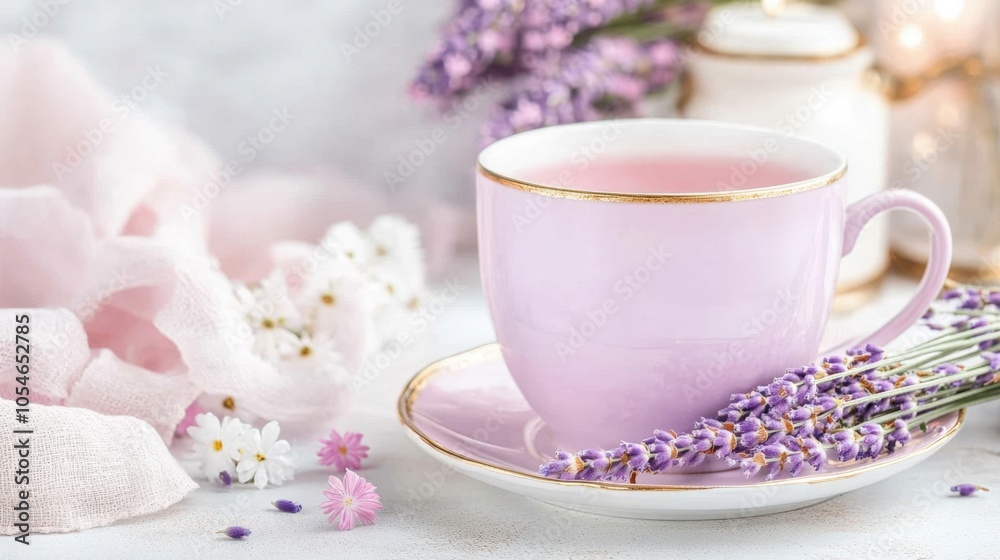 Elegant lavender tea scene with pink teacup and blossoms on soft fabric Elegant lavender tea scene with pink teacup and blossoms on soft fabric