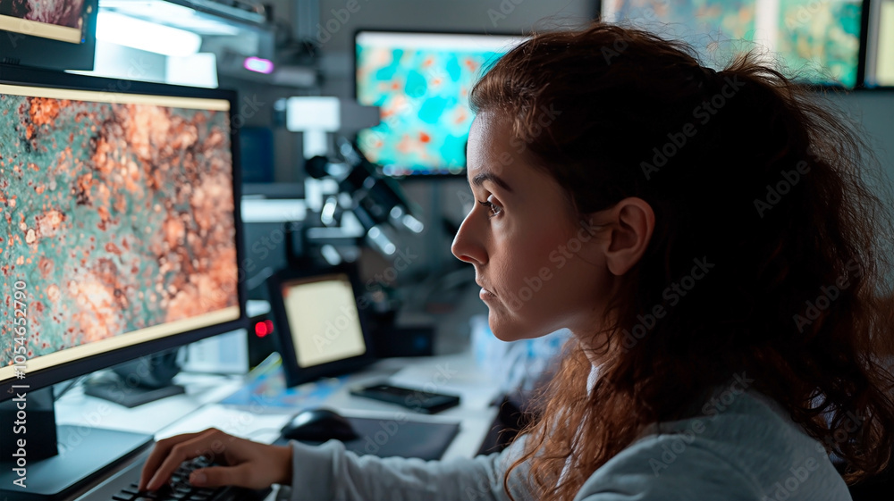 Female scientist analyzing data on computer in research lab. Woman conducting research using advanced digital microscopy. Scientist using digital tools for biological analysis and research. Female scientist analyzing data on computer in research lab. Woman conducting research using advanced digital microscopy. Scientist using digital tools for biological analysis and research.